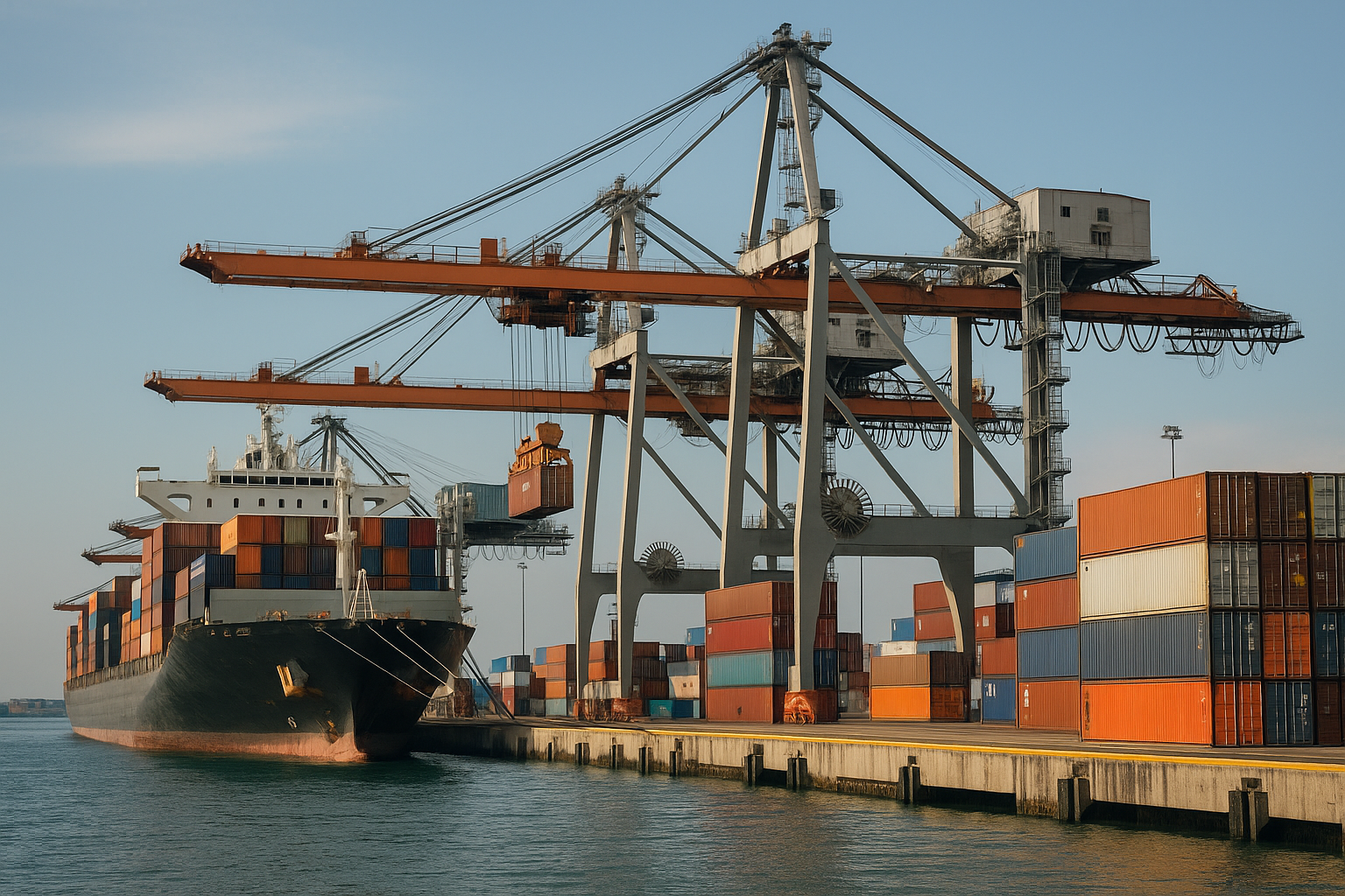 بندر چابهار با جرثقیل‌های بزرگ و کانتینرهای صادراتی در چارچوب پروژه کریدور شمال–جنوب